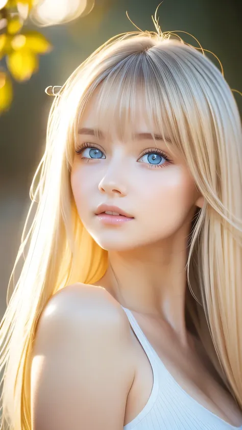 beautiful white shiny skin 、 blonde hair color that changes with light 、 long bangs blocking the view 、glossy highlight on cheek...