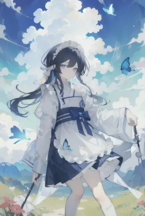8k, super detailed, illustration, ( beautiful meticulous eyes ), beautiful , Amazing, meticulous eyes , ((( masterpiece ))),1 Girl,temple, Japanese_clothing, Butterfly, bird, unique, Vulnerabilities, apron, blue Butterfly, maid, Long hair,flower, skir...