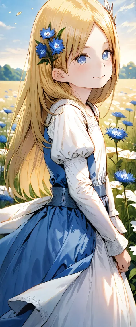 art：Cornflower,(masterpiece),(4K), high quality,( perfect anatomy), flat chest,((One Girl)),(Alone), fairy ,Long blonde hair,Pale skin, Beautiful Delicate Blue Eyes , ( adds dramatic and iconic elements to a highly detailed, elegant ),(Detailed medieval co...