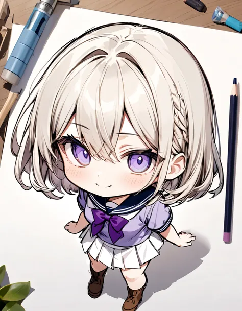  White-eye McQueen ,(Chibi,sketch,Anime Colors,【From the above】,Front View:1.2), Trössen school uniform, Summer clothes, Seraph,  puffy short sleeve,  purple bow tie , horseshoe ornament , Sailor collar,  sailor shirt , Purple Shirt, White Skirt,  pleated ...