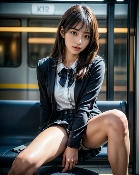 「(masterpiece,  high quality, 超 high quality, 4K)Black-haired、18 year old japanese girl、 female high school students、 high school uniform 、 white shirt 、ribbon、blazer、Plaid Brown Pleated Skirt 、Focus on the thighs、Soft thighs、 shiny thighs 、  medium breast...