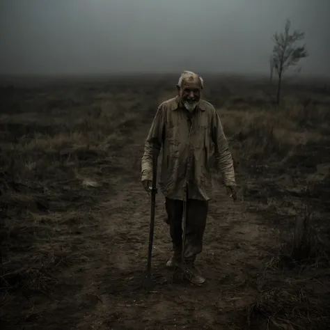 very creepy scene, disgusting old man coming, full body, creepy big knife, wearing rags, creepy smile, humidity wilderness, coun...