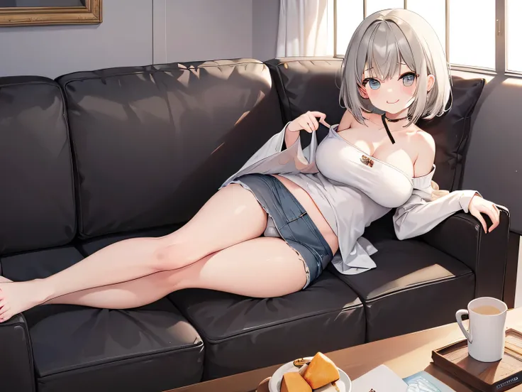 (masterpiece、Best Quality、 high definition、 realistic pictures、Real looking skin:1.1)、 
( woman is sitting on a simple sofa in the apartment :1.8)、 
( The skirt is short so I can see her panties :1.8)、 
(Im looking at her from an oblique point of view:1.8)...