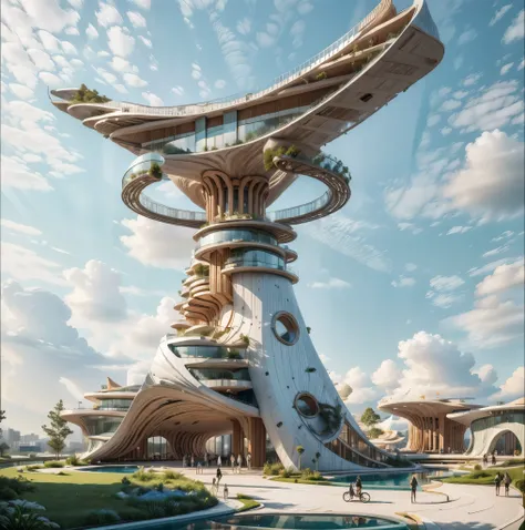 Amazing Architecture by zaha hadid, by Syd mead, park, plaza, walkways, road, trees, people, realistic, pools, BLUE SKY, NEAT, bright day