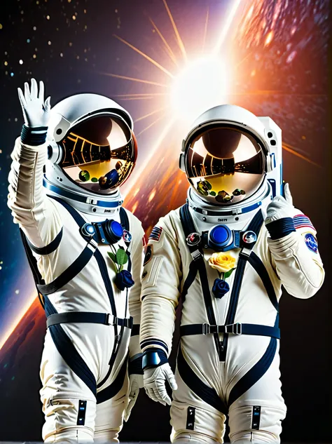 (A double photo on the stage:1.5), Close shot, close up, (photo:1.5), Two astronauts in space, Photograph, Stand side by side, (Raise the V sign), (A ray of sunlight rose behind them), Space suit details, Helmet reflective, earth in background, Cosmic star...