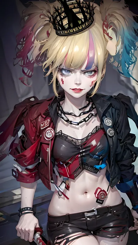 Crown, black jacket, red necktie, white shirt, bra, panty, chain, katana, 