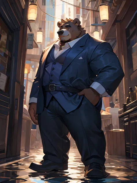  brown-white bear ， blue wide eyebrows ， water element ，178cm， weight of more than 280 kg ，hairy， looks wild ， six-foot pants ，thick legs， waist and hip width ，There&#39; is not much meat on the face .， fat bear size ， deep blue eyes ， full-fledged uncle ，...