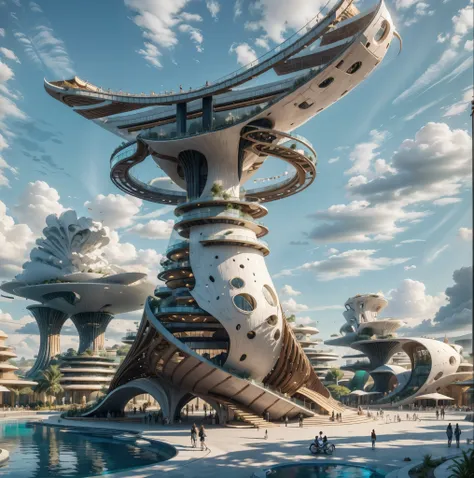 amazing architecture, stripe building structures, by syd mead, park, plaza, walkways, road, trees, people, realistic, pools, blu...