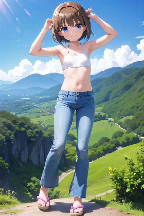 masterpiece,best quality,ultra detail,1girl, 14yo,petite,smile happy, on the mountains, bright, sunshine, yagami hayate, short hair, blue eyes, brown hair, hair ornament, x hair ornament, Raise your arms and behind your head,White teeth, white bikini top, ...