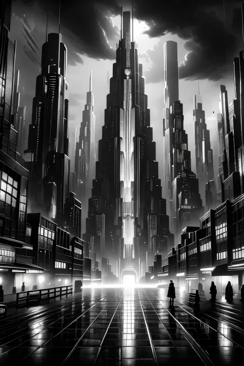 a cyberpunk city, dystopian skyscrapers, neon lights, rain-soaked streets, flying cars, android people, holographic advertisemen...