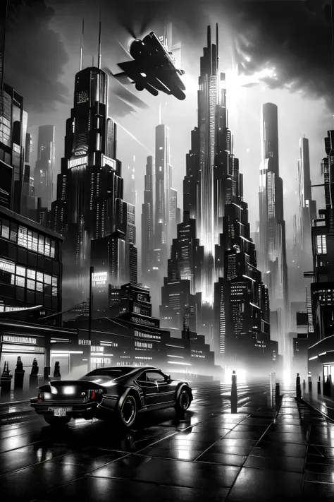 a cyberpunk city, dystopian skyscrapers, neon lights, rain-soaked streets, flying cars, android people, holographic advertisemen...