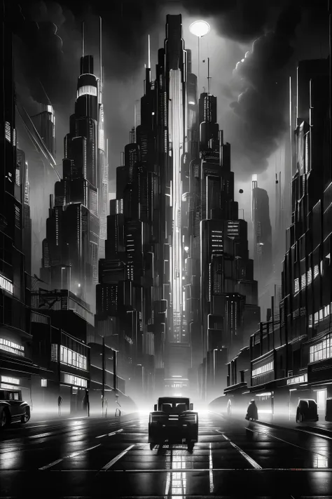 a city of madness, film noir, dark cyberpunk city, neon lights, rain, gritty atmosphere, rainy streets, dark alleys, corrupt cor...