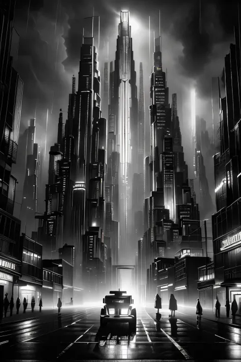 a city of madness, film noir, dark cyberpunk city, neon lights, rain, gritty atmosphere, rainy streets, dark alleys, corrupt cor...