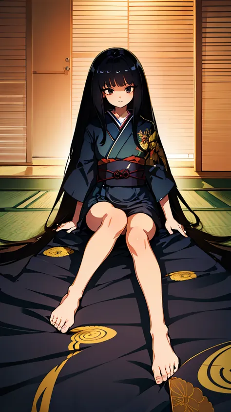 ultra high res, best quality, japanese room, tatami, night, uhd, adult body, long black hair, dark blue yukata, looking at the s...