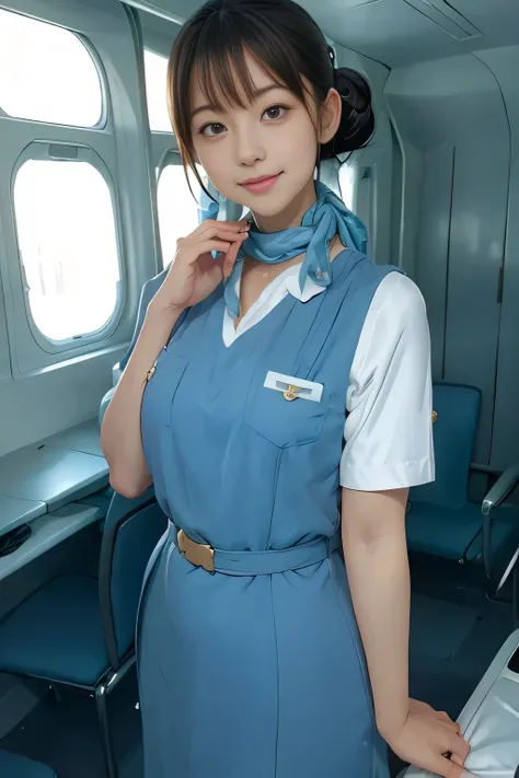 (masterpiece:1.2, Best Quality:1.2), 32kHDR, high definition, (Alone、 1 girl)、(Rooftop of a building during the day、 professional lighting)、Building rooftop background、( Realistic Style Japan Air System Flight Attendant Uniform Blue )、(( Japan Airlines Sy...