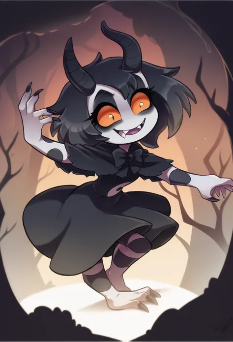 score_9, score_8_up, score_7_up, score_6_up, score_5_up, score_4_up, cute horror fantasy, disney-style horror effects,picture-book style,ren-book style, solo,1girl((devil:1.5),cute,dancing,evil smile,pure black skin,bags under eyes,long eyebrow,big eyes,ch...