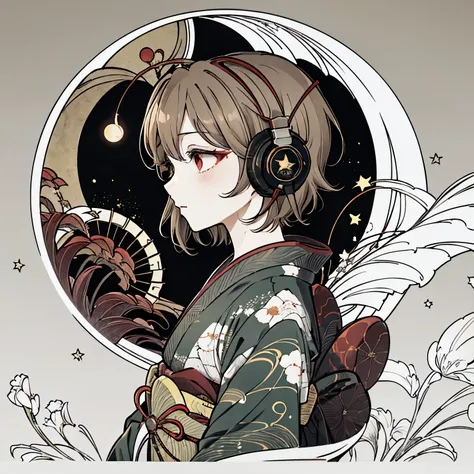 Highest quality, Tabletop, (girl, kimono, Red eyes, profile, Wavy short hair, Brown Hair, Upper Body), (moon, Greenish foliage), Long eyelashes, alone, firework, ((background: night, starry sky)), ((headphones)), ((ukiyo-e style)),
