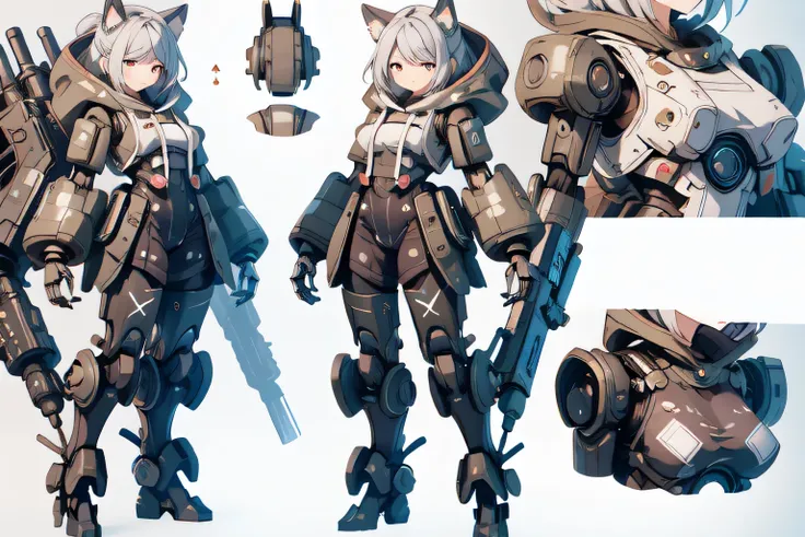 reference sheet, character design, absurdres, highres, ultra detailed, (cute,kawaii:1.2),
(1girl:1.4),oversized hooded jacket, bodysuit, grorie military police cyborg girl,
hyper gigantic mechanical arms,dynamic pose, holding huge weapon,
nice hands, perfe...