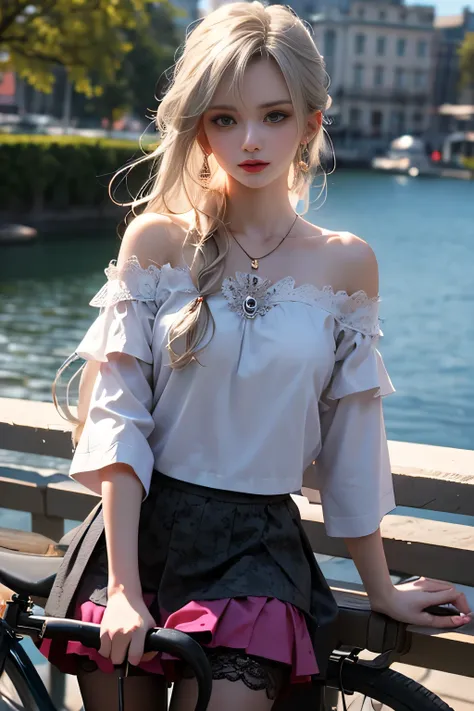 (( girl riding an antique and simple bicycle in a lakeside park)),light blue and pink color scheme 、petite、white curly hair、 col...