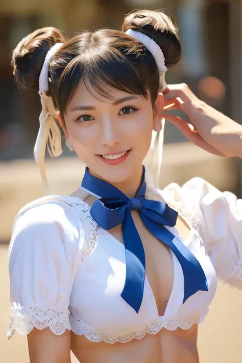 street fighter character chun li，wear a classic blue and white lace bra,thong,plump breasts， white trim and gold embellishment ，...