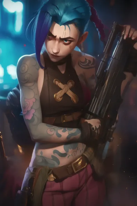 Jinx, Half body shot . Best quality, holding gun, tattoo:0.35, detailed, intricate, 4K.