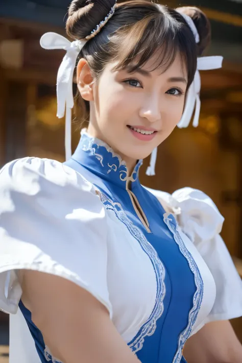 Street Fighter character Chun Li，Wear a classic blue and white lace bra,thong,plump breasts， white trim and gold embellishment ， high slit design ，The hair is combed into the iconic double ball head and wrapped in a white cloth， with white ribbon hair acce...