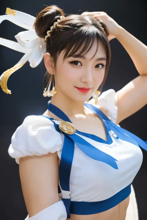 street fighter character chun li，wear a classic blue and white lace bra,thong,plump breasts， white trim and gold embellishment ，...