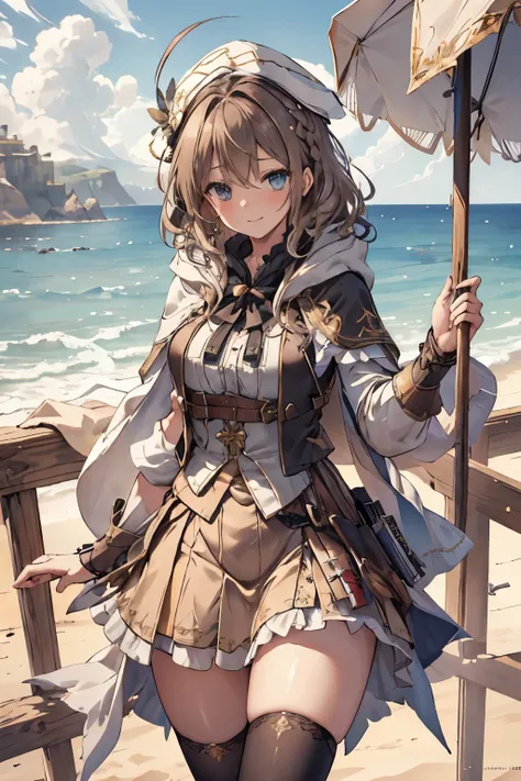 masterpiece, 1girl, sparrow, a brown haired girl, wearing a white medieval priestess clothes, curly medium hair, messy hair, slim body, wearing golden capelet with hoody, he close her left eye, shirt ornament, aqua eyes, sho show her back, ahoge, black ves...