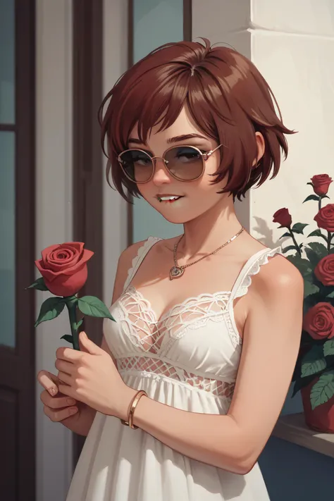 score_9, score_8_up, score_7_up, 1 teenage girl, (short rose hair:1.4),  lace lingerie, (standing casually), (portrait),bracelet...