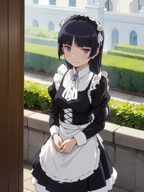 ((A bouquet of white roses)), palace, garden, Warm Tones, Gentle smile, (ruri gokou), woman, Alone, Black Hair , hime cut, Long Hair, (Maid uniform),