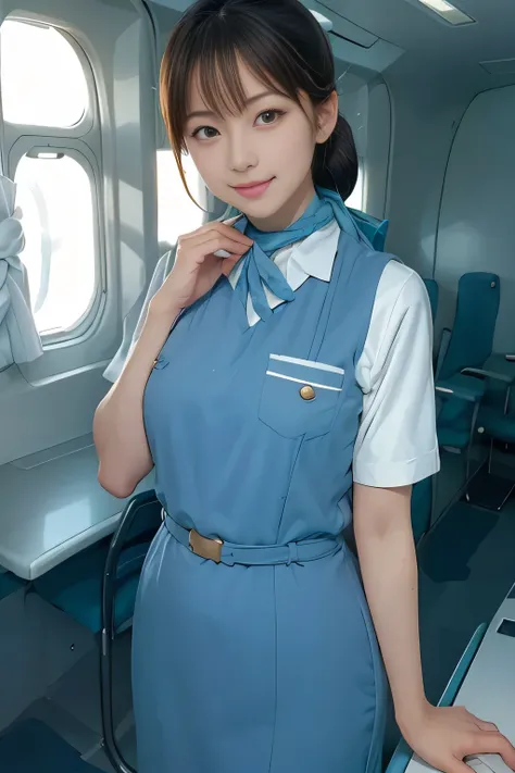 (masterpiece:1.2, Best Quality:1.2), 32kHDR, high definition, (Alone、 1 girl)、(Rooftop of a building during the day、 professional lighting)、Building rooftop background、( Realistic Style Japan Air System Flight Attendant Uniform Blue )、((Japan Airlines Sys...