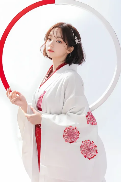 (((white background、White world)))、s、unity 8k wallpaper、super detailed、beautiful beautiful、masterpiece、highest quality、(tangleた、mandala、tangle、tangle)、(fractal art:1.3)、one girl、beautiful black hair、Japanese、Big pink、red kimono、Japanese clothing、very detai...
