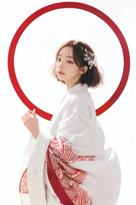 (((white background、White world)))、s、unity 8k wallpaper、super detailed、beautiful beautiful、masterpiece、highest quality、(tangleた、mandala、tangle、tangle)、(fractal art:1.3)、one girl、beautiful black hair、Japanese、Big pink、red kimono、Japanese clothing、very detai...