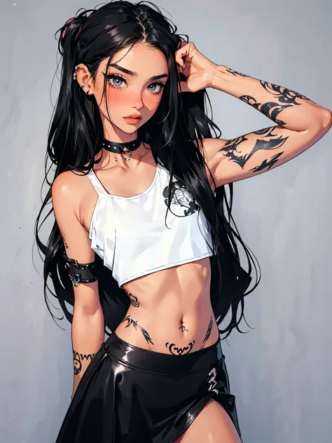 Teenage girl-model 1, beautiful, black hair, glossy hair, pretty eyes, beautiful figure, girl wearing white top and black skirt, beautiful long legs, slave bracelets, slave choker, manicure, cute makeup, flirtatiously posing, hot summer, hot flirty, sexy p...