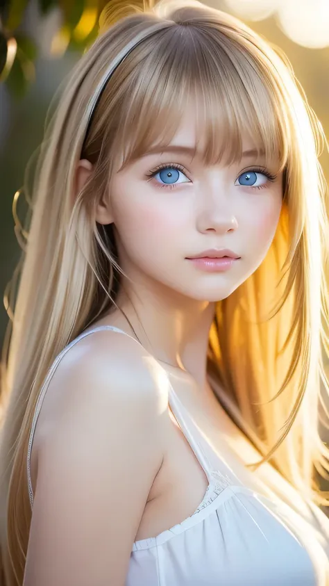 beautiful white shiny skin 、 blonde hair color that changes with light 、 long bangs blocking the view 、glossy highlight on cheek...