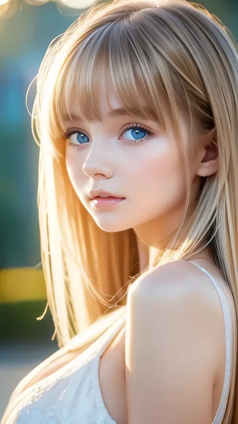 beautiful white shiny skin 、 blonde hair color that changes with light 、 long bangs blocking the view 、glossy highlight on cheek...