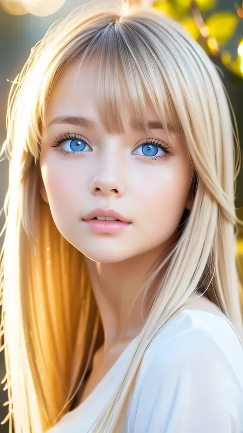 beautiful white shiny skin 、scandinavian beauty、 blonde hair color that changes with light 、 long bangs blocking the view 、gloss...