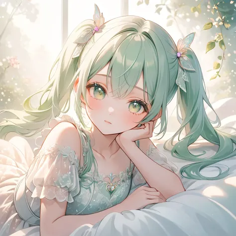 illustration, best quality, 1girl, lying pose, long pastel green hair in twin tails, gentle expression, heart-shaped accessory on forehead, delicate lace dress, soft pastel colors, ethereal and dreamy atmosphere, light and airy background, intricate detail...