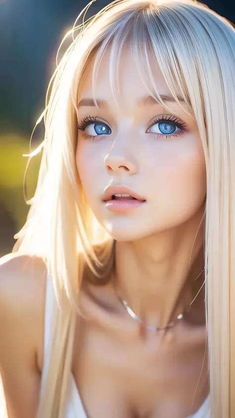 beautiful white shiny skin 、scandinavian beauty、 blonde hair color that changes with light 、 long bangs blocking the view 、gloss...