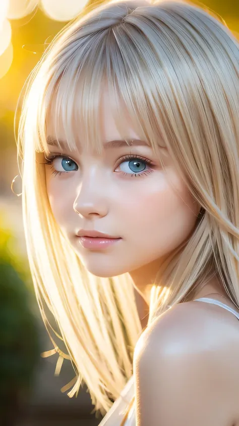 beautiful white shiny skin 、scandinavian beauty、 blonde hair color that changes with light 、 long bangs blocking the view 、gloss...