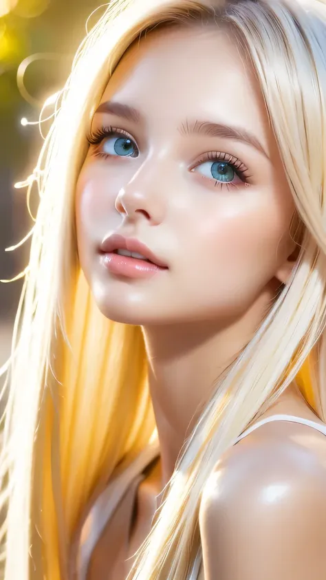 beautiful white shiny skin 、scandinavian beauty、 blonde hair color that changes with light 、 long bangs blocking the view 、gloss...