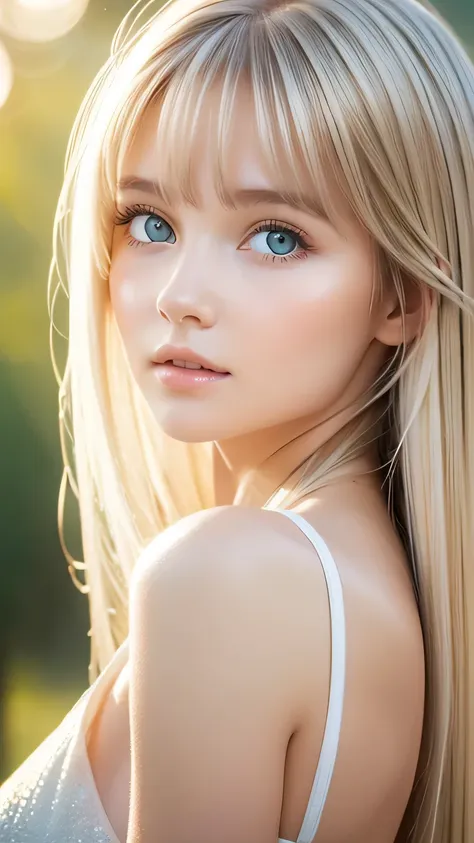 beautiful white shiny skin 、scandinavian beauty、 blonde hair color that changes with light 、 long bangs blocking the view 、gloss...