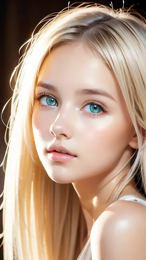 beautiful white shiny skin 、scandinavian beauty、 blonde hair color that changes with light 、 long bangs blocking the view 、gloss...