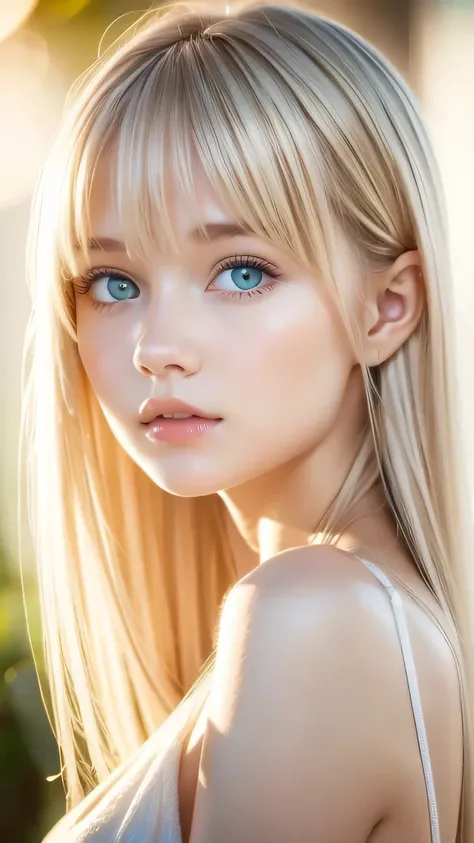 beautiful white shiny skin 、scandinavian beauty、 blonde hair color that changes with light 、 long bangs blocking the view 、gloss...