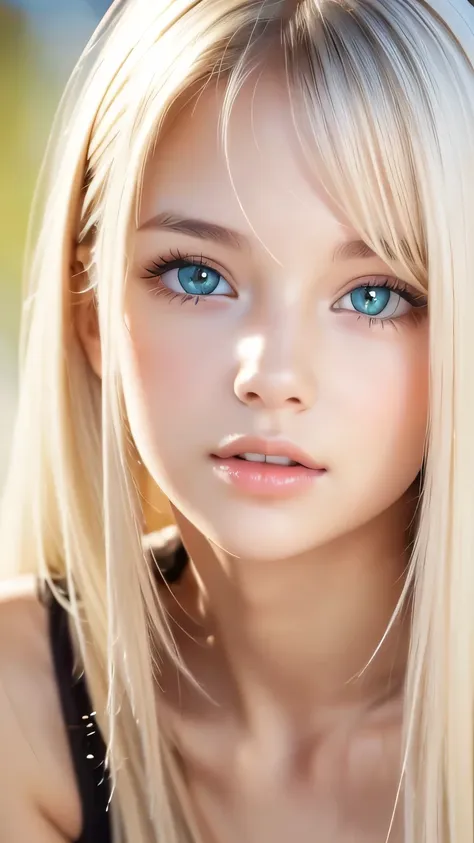 beautiful white shiny skin 、scandinavian beauty、 blonde hair color that changes with light 、 long bangs blocking the view 、gloss...