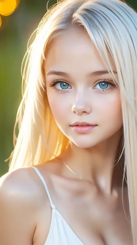 beautiful white shiny skin 、scandinavian beauty、 blonde hair color that changes with light 、 long bangs blocking the view 、gloss...