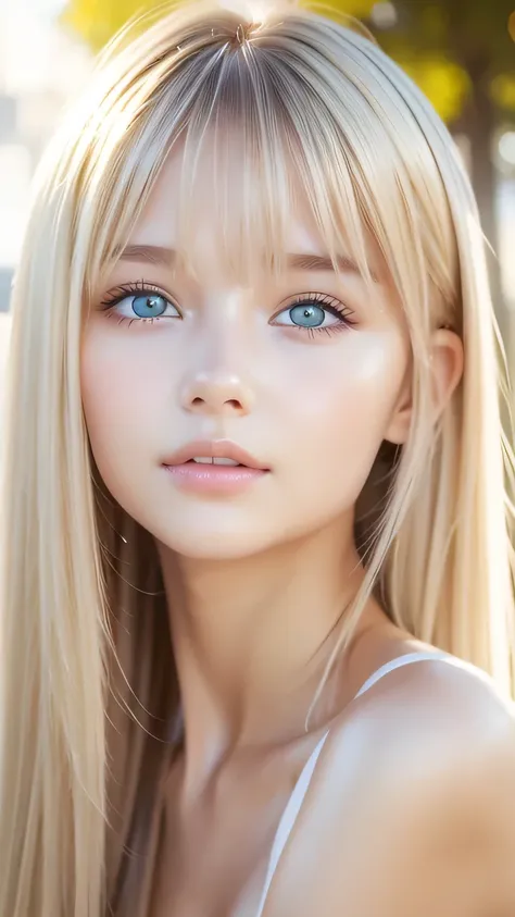 beautiful white shiny skin 、scandinavian beauty、 blonde hair color that changes with light 、 long bangs blocking the view 、gloss...