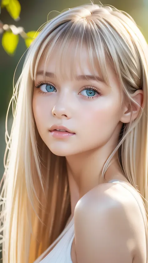 beautiful white shiny skin 、scandinavian beauty、 blonde hair color that changes with light 、 long bangs blocking the view 、gloss...