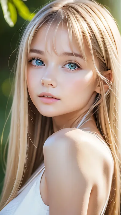 beautiful white shiny skin 、scandinavian beauty、 blonde hair color that changes with light 、 long bangs blocking the view 、gloss...