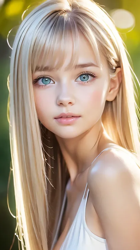 beautiful white shiny skin 、scandinavian beauty、 blonde hair color that changes with light 、 long bangs blocking the view 、gloss...